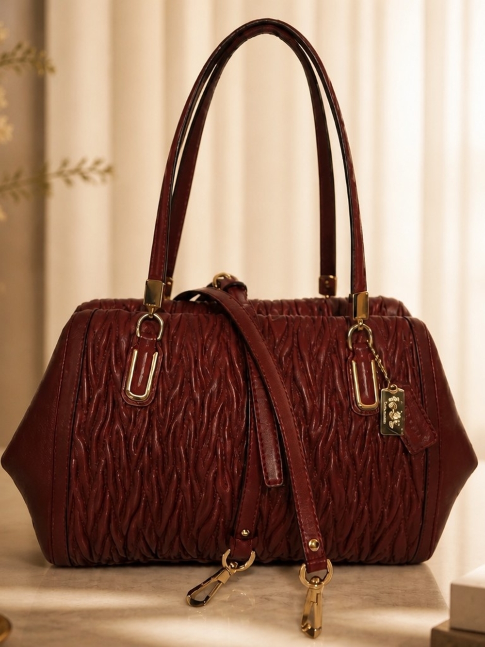 COACH Quilted/gathered Burgundy/Deep Red Leather Satchel
